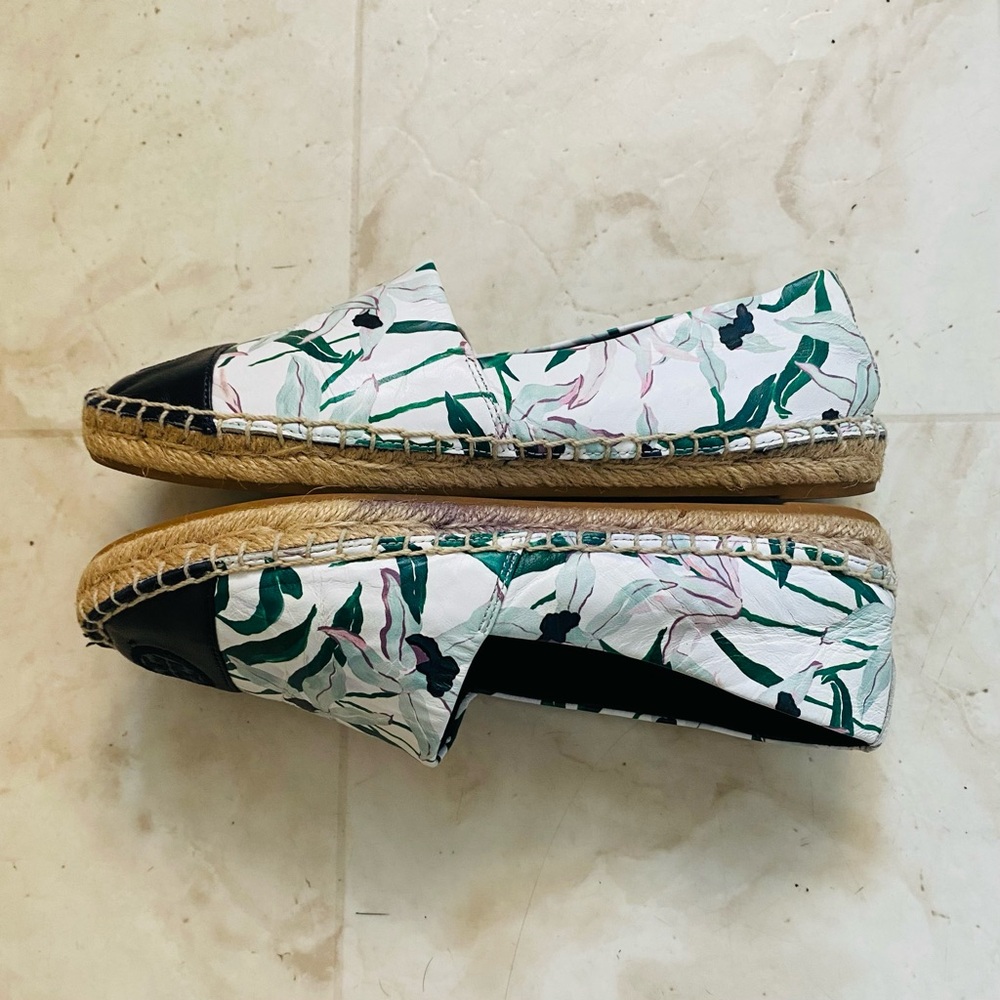 $228 Tory Burch Colorblock Floral Print Leather Round Toe Espadrille Flats sz 6 - Picture 3 of 11